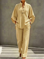 [PLMM] Spring Autumn Winter Women'S Fabric Button Short Collar Fashion Casual Two-Piece Long Pants Set - ginger-colored