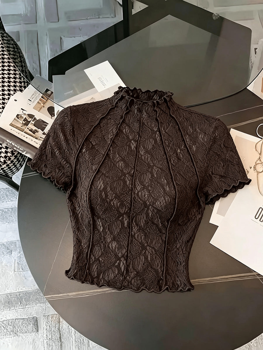 Lace Floral Jacquard Thin Women'S T-Shirt, Dreamy And Romantic, Suitable for Dates, Gatherings, Summer And Spring Wear, Spring Break, Vacation, Picnic, Holiday, Birthday, Etc - Coffee Color