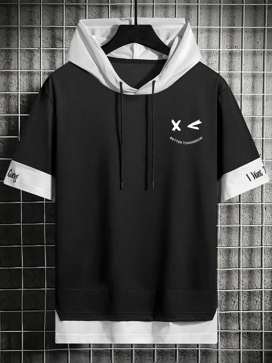 Men'S Color-Block Contrast Hooded Short Sleeve T-Shirt, English Letter Print, Short Sleeve Faux Two-Piece Streetwear, Trendy Fashion Versatile Street Casual Hong Kong Style Outfit, Casual Leisure All-Match T-Shirt, Suitable for Summer - Black
