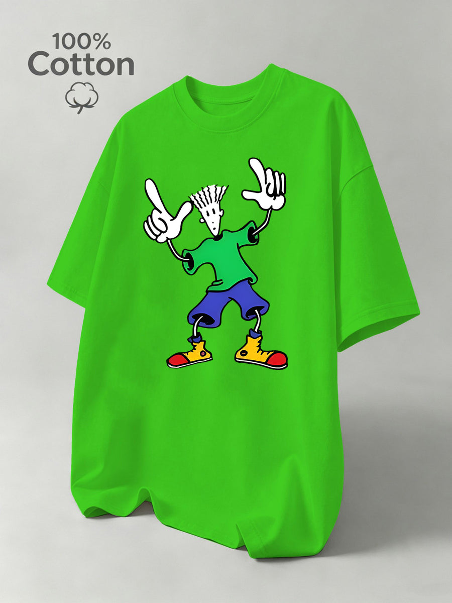 New Summer Cartoon Men's Casual Sport Fitness Pure Cotton Short-Sleeve Shirt, Moisture-Wicking and Sweat-Absorbing, Comfortable for Casual Streetwear and Outdoor Sports Fitness - Fluorescent Green