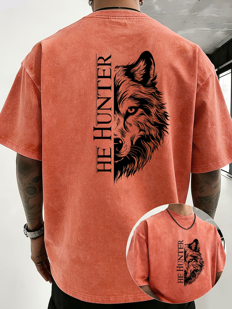 Vintage Washed Loose Double-Faced Print T-Shirt with Letter Pattern, Unisex Classic Basic Style, Soft And Durable Short Sleeve, Suitable for Students And Office Workers - Tangerine