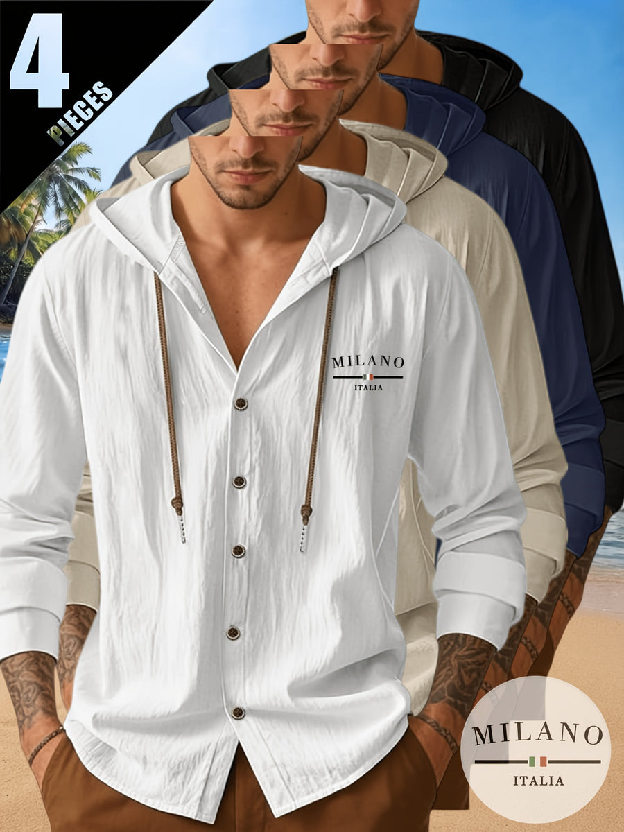 4pcs Men's Fashion Casual Long Sleeve Open Front Hooded Shirt | Soft 100% Cotton Woven Top | Regular Fit Suitable for Late Summer and Early Autumn | Skin-Friendly, Breathable, and Warm Daily Top | A Versatile Essential for City Strolls - Color Mixing 4