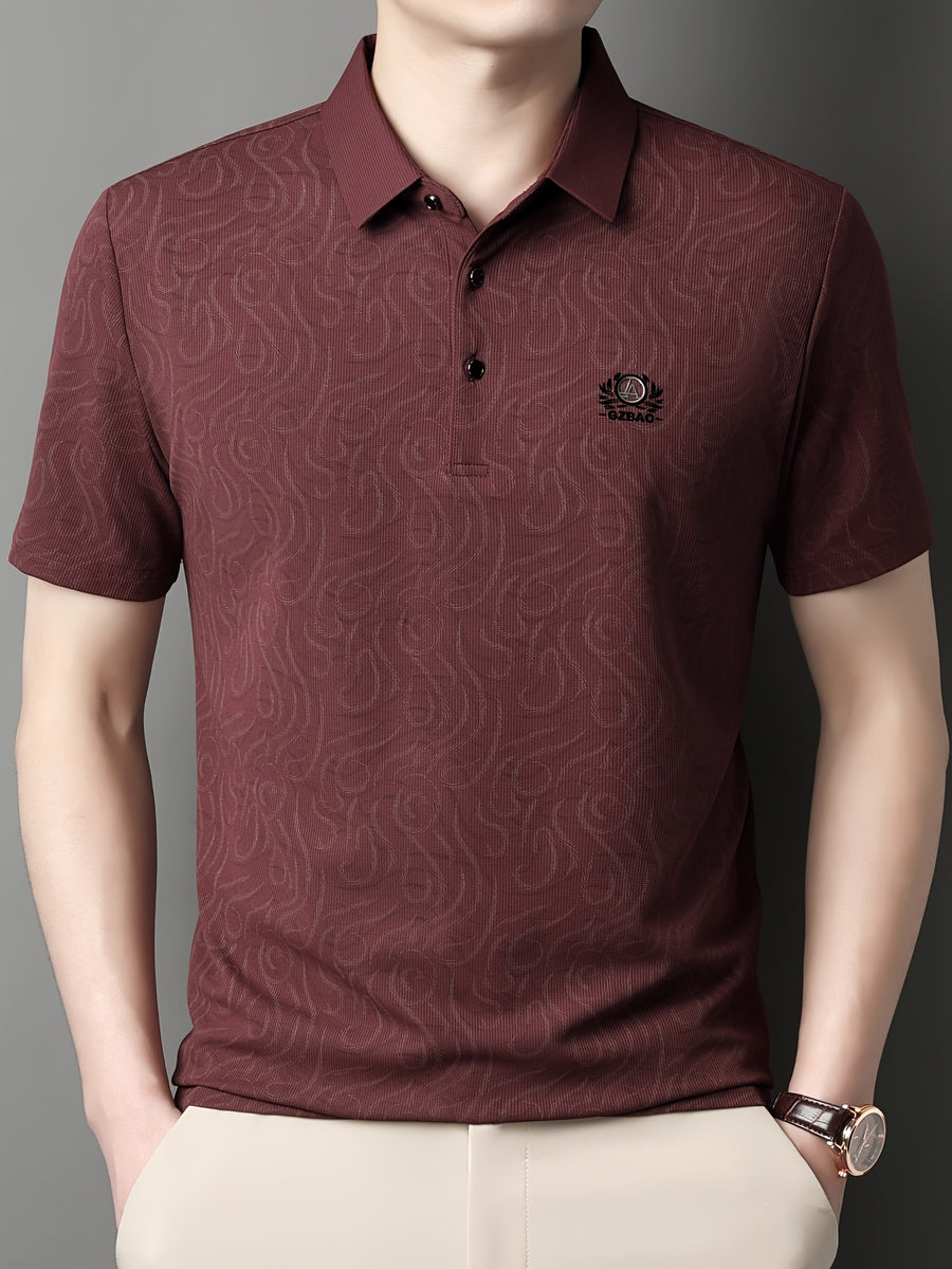 [Saa Xing OBM] 1pc Spring/Autumn New Men'S Polo Shirt, Old Money Style Textured Contrast Print Half-Button Collar Short Sleeve T-Shirt, Fashionable And Versatile Pullover Base Layer Top, Suitable for Spring, Summer, Autumn Wear, Fits Daily Casual - Burgundy color