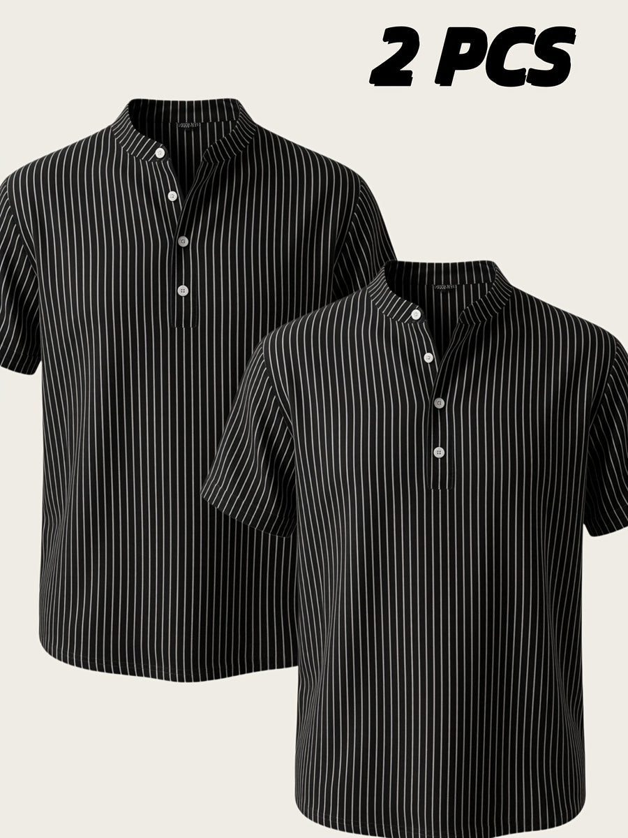 Josh Rose OBM 2pcs Men's Henley Shirts, Men's Summer Short Sleeve Regular Fit, Lightweight and Breathable, 95% Linen, Solid and Striped in Black and White, Features 4 Buttons, Suitable for Summer Daily Work, Casual, and Vacation Occasions - Black+black