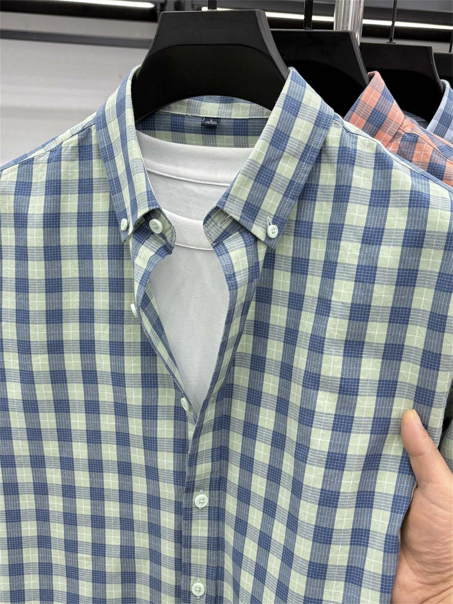 Men's Loose-Fit Thin Plaid Long-Sleeve Shirt for Spring, Summer, and Autumn, New Fashionable Casual Shirt for Young and Middle-Aged Men, Damai - Green Grid