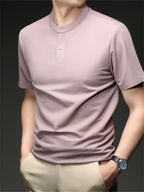 Men'S Henley Shirt Summer New Style, Solid Color Round Neck Top, Half-Button Placket, Button Closure Design, Layering with Thin Jacket, Versatile for Business Office, Golf Sports, Casual Outings, Short Trips, Father'S Day Gift, Men'S Gift - Pink Purple