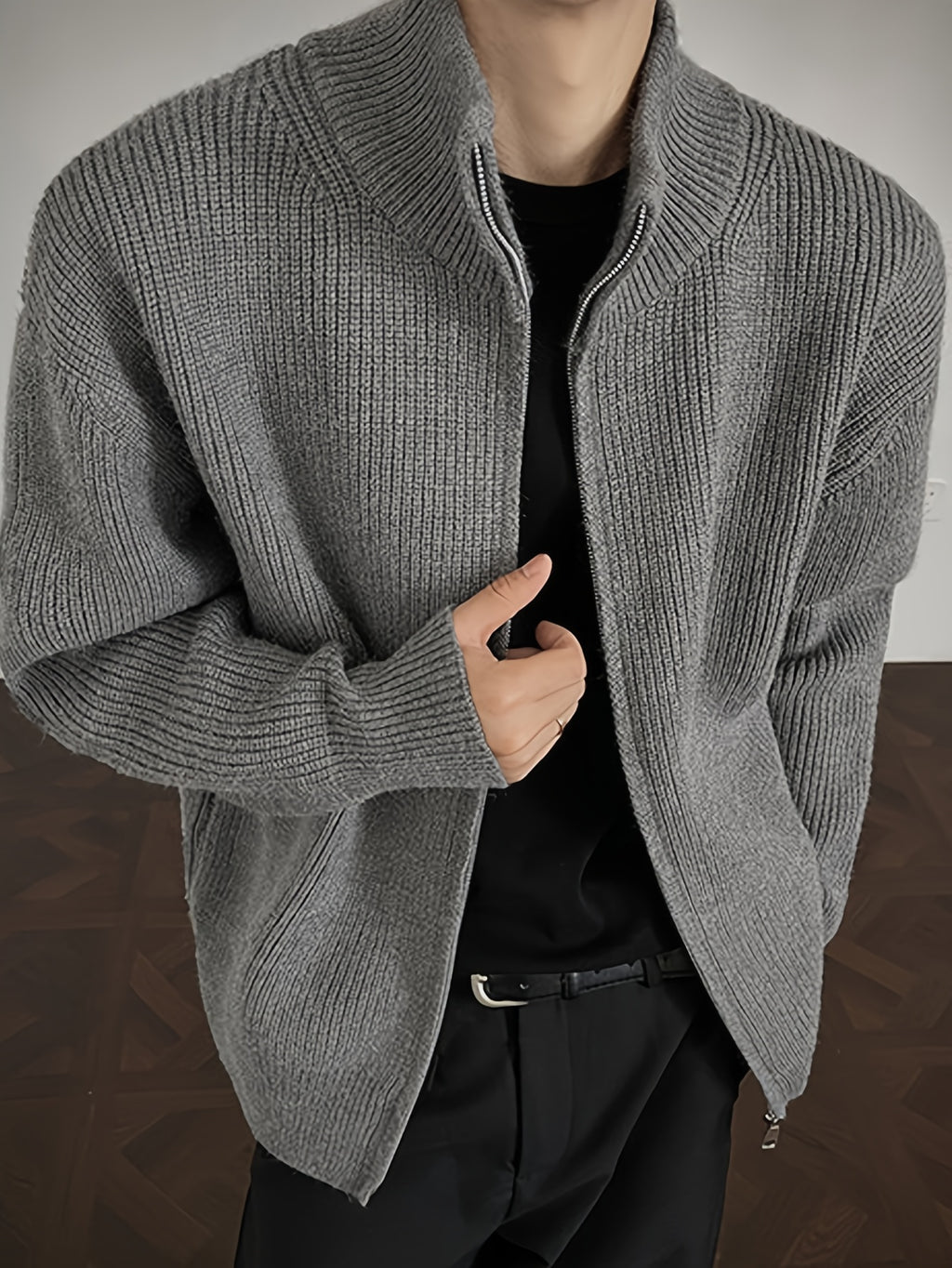 Men'S Fashion High-Weight Solid Color Casual Sweater Cardigan, Loose Fit. Suitable for Autumn Winter Daily Casual Wear, Knit - Grey