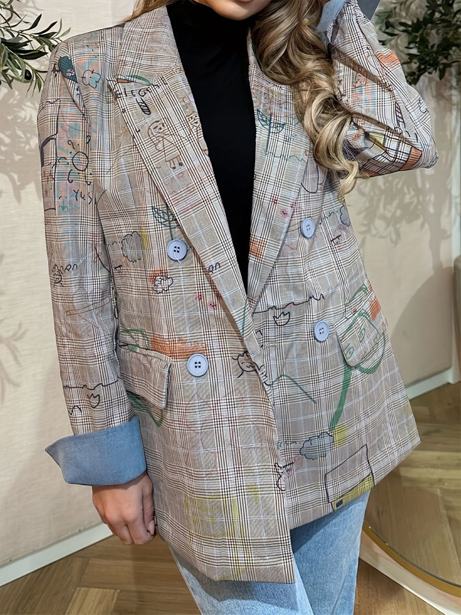 Fashionable Commuting Elegant Long-Sleeve Blazer with Patchwork And Graffiti Print on The Cuffs - Multicolor