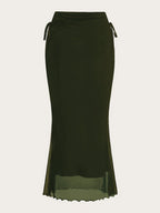 Women's Drawstring Mesh Midi Skirt - Military Green