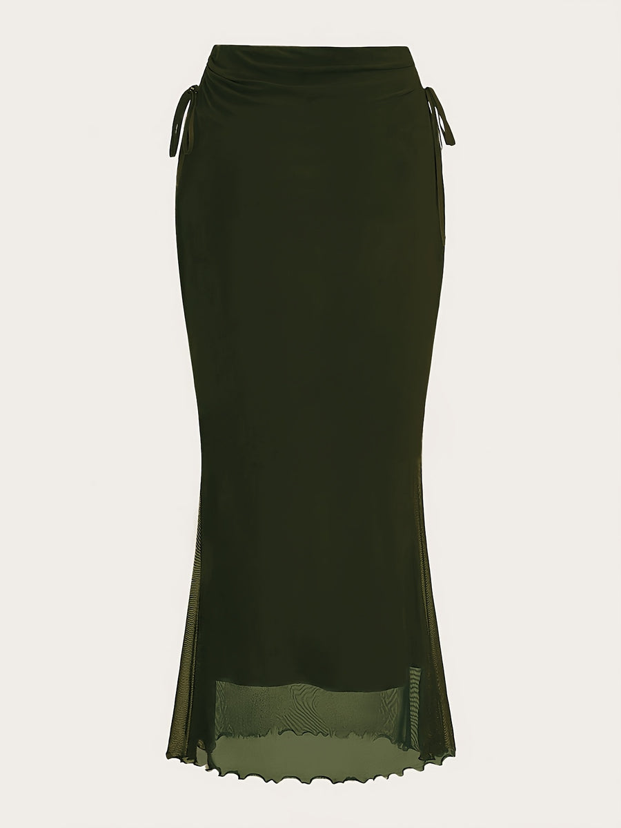 Women's Drawstring Mesh Midi Skirt - Military Green