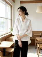 Women'S Cross V-Neck 3/4 Sleeve Kimono Top - White