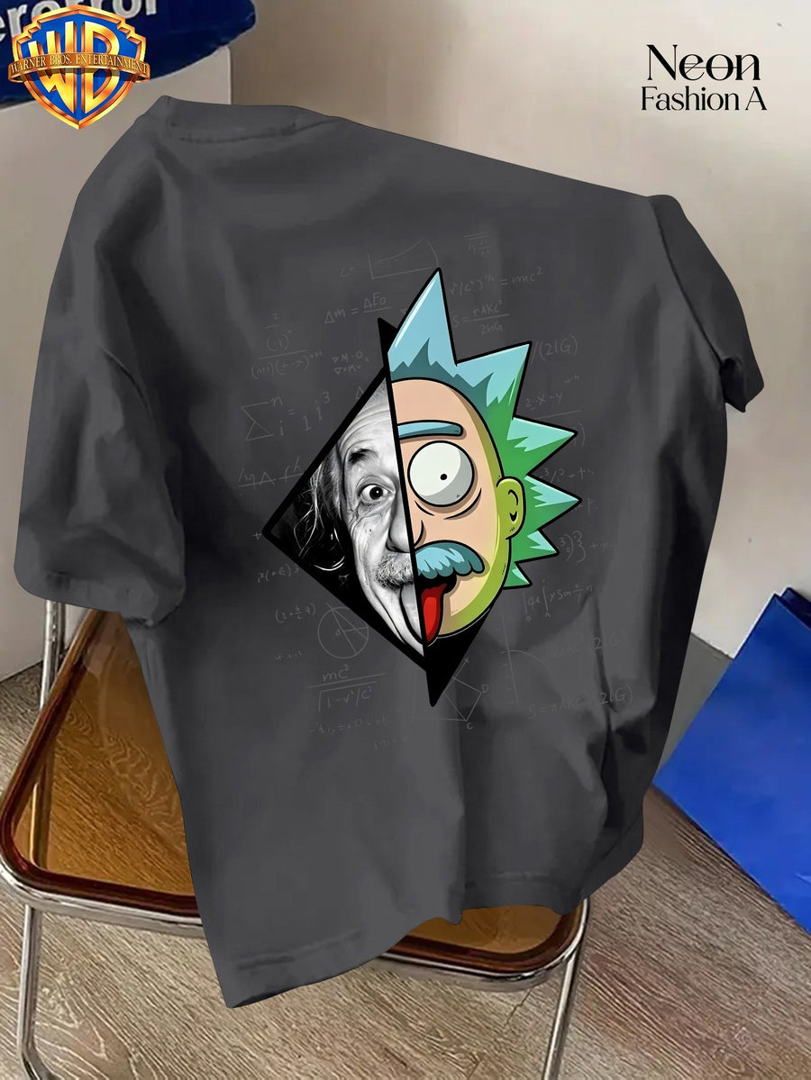 Warner Licensed Unisex Short Sleeve T-Shirt Casual Commute Shopping Classic Science And Anime Creative Patchwork Artistic Print Round Neck Pullover Summer Comfortable Breathable Trendy Top - Dark Gray
