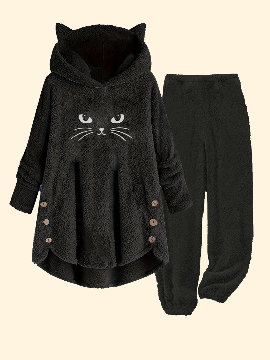 Targeted Development Fashion Women'S Contrast Plush Cat Ear Cute Casual Hoodie And Pants Set - Black