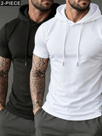 2pcs, New Summer Men's Basic Solid Color Hoodie, Drawstring Hooded Short Sleeve Top, Streetwear Trend Pullover Hoodie - Black+White