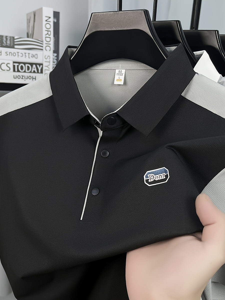 Men's Summer Lapel Polo Shirt - Contrast Color Short-Sleeve T-Shirt with Lapel Collar & Asymmetrical Hem, Breathable Business Casual Top Suitable for Work, Office, Semi-Formal Wear, Machine Washable Regular Fit - Black