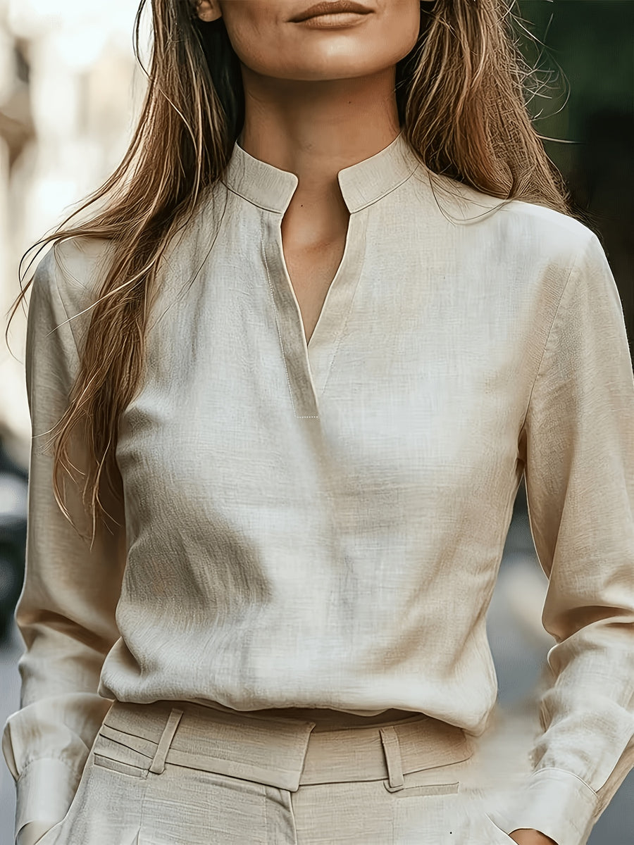 Long Sleeve Shirt for Women, Commute Blouse with Stand Collar - Apricot