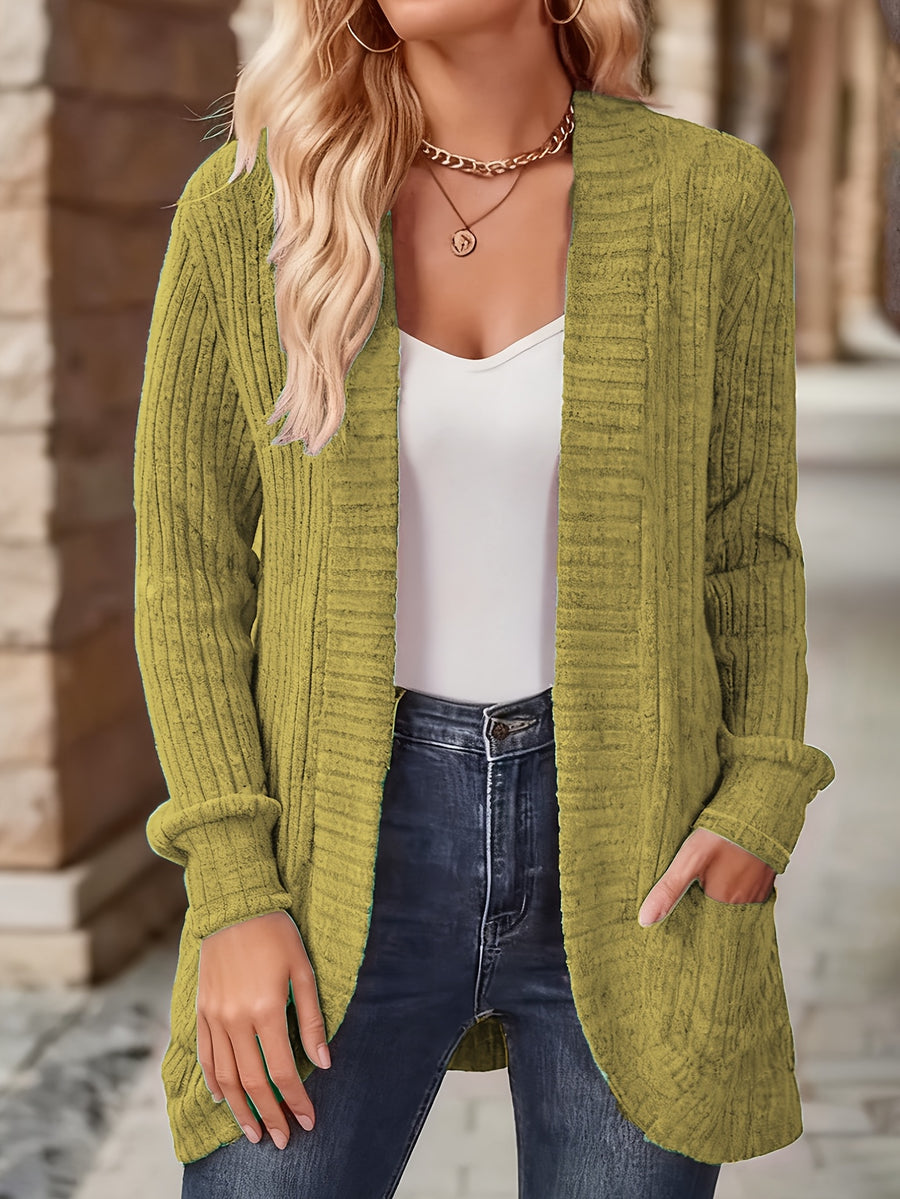 Women's Solid Color Brushed Casual Spliced Long Sleeve Cardigan - Yellow-green