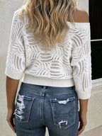Women's New Spring/Summer Solid Color Sexy Hollow-Out Pattern Asymmetrical Neckline Three-Quarter Sleeve Loose Fit Casual Fashion Pullover Fabric Top - White