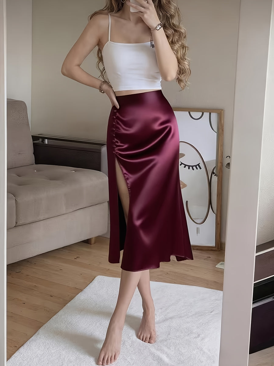 Spring/Summer New Satin Chiffon Multi-Button Women's Skirt - Burgundy