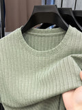 Men'S Round Neck Vertical Ribbed Knit T-Shirt, Summer Breathable Commuter Business Style, Casual Versatile Short Sleeve Top, Basic Round Neck Design, Neat Stitching, Contouring Neckline, Unrestrictive for Daily Activities - Green