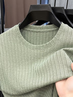 Men'S Round Neck Vertical Ribbed Knit T-Shirt, Summer Breathable Commuter Business Style, Casual Versatile Short Sleeve Top, Basic Round Neck Design, Neat Stitching, Contouring Neckline, Unrestrictive for Daily Activities - Green