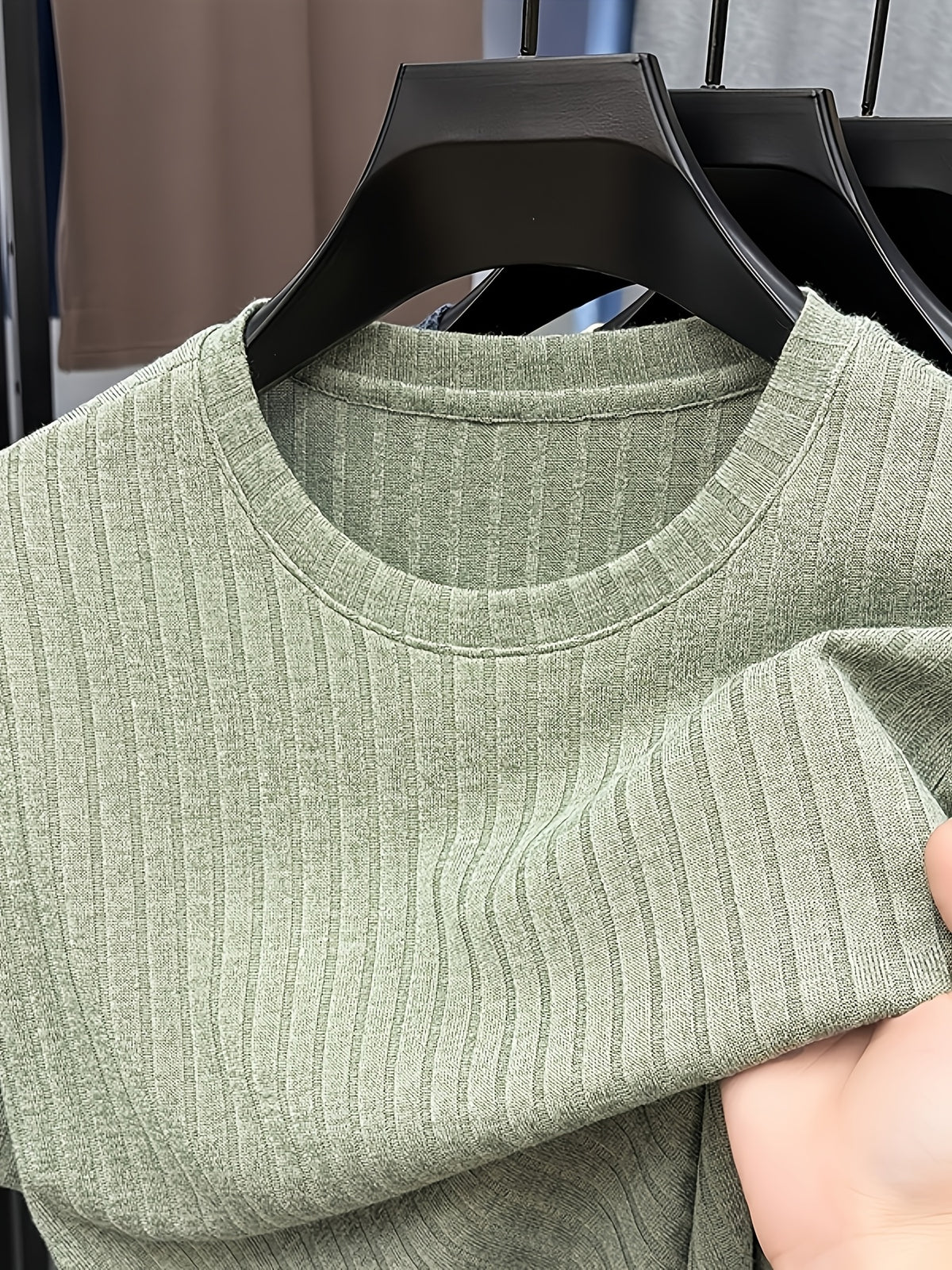 Men'S Round Neck Vertical Ribbed Knit T-Shirt, Summer Breathable Commuter Business Style, Casual Versatile Short Sleeve Top, Basic Round Neck Design, Neat Stitching, Contouring Neckline, Unrestrictive for Daily Activities - Green