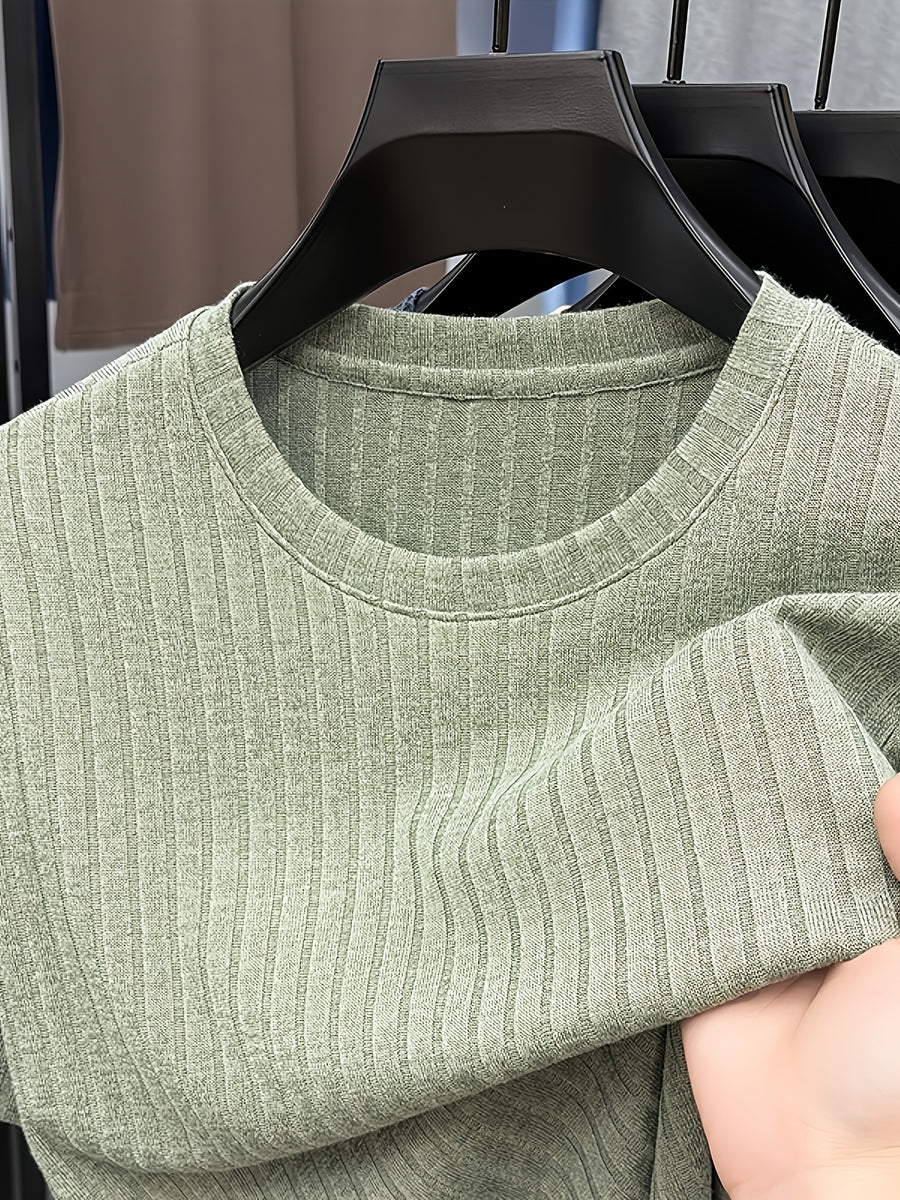 Men'S Round Neck Vertical Ribbed Knit T-Shirt, Summer Breathable Commuter Business Style, Casual Versatile Short Sleeve Top, Basic Round Neck Design, Neat Stitching, Contouring Neckline, Unrestrictive for Daily Activities - Green