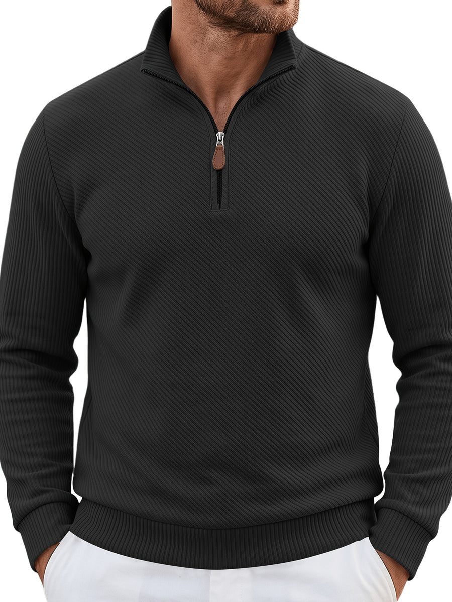 2pcs Men'S Autumn Winter New Corduroy Textured Half-Zip Stand Collar Knit Sweater Set, Light Luxury Long Sleeve Elastic Ribbed Base Layer Business Casual Inner Outerwear; Daily Commute, Home Entertaining, Camping Dating Scenarios - Light Blue+Black