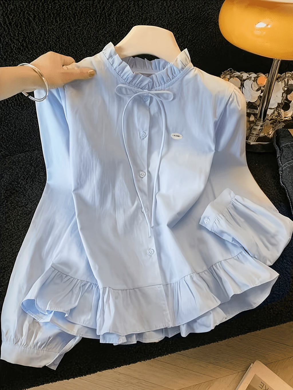 Light Blue Ruffle Tie-Waist Shirt for Women, Spring/Summer Ruffle Textured Blouse, Fresh and Gentle Style Top - Bright Steel Blue