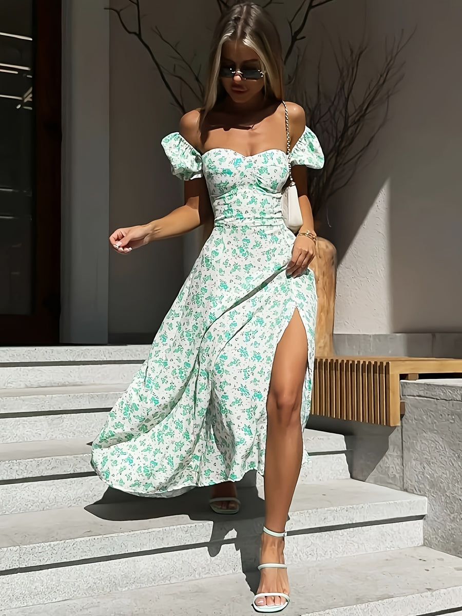 French-Style Dress - Heart-shaped Neckline with Puff Short Sleeves, Small Floral Print Design, Waist-Cinching High Slit for a Fresh and Gentle Look, Suitable for Dates, Vacations, Afternoon Tea, and Beach Photoshoots. +YYTT - Viridity