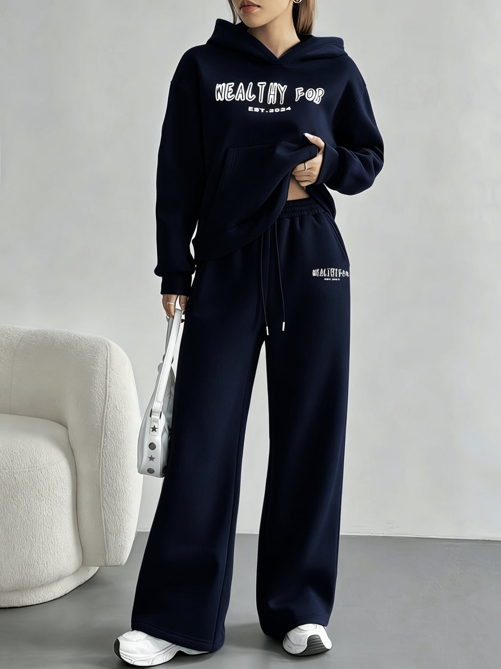 Autumn and Winter Latest Style Women's Hoodie Set, Fashionable and Casual Y Long-sleeve Set - Navy Color