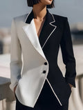 Women's Elegant Black and White Color-Block Blazer, Fashionable Casual Cardigan with Long Sleeves - Black And White Color Scheme