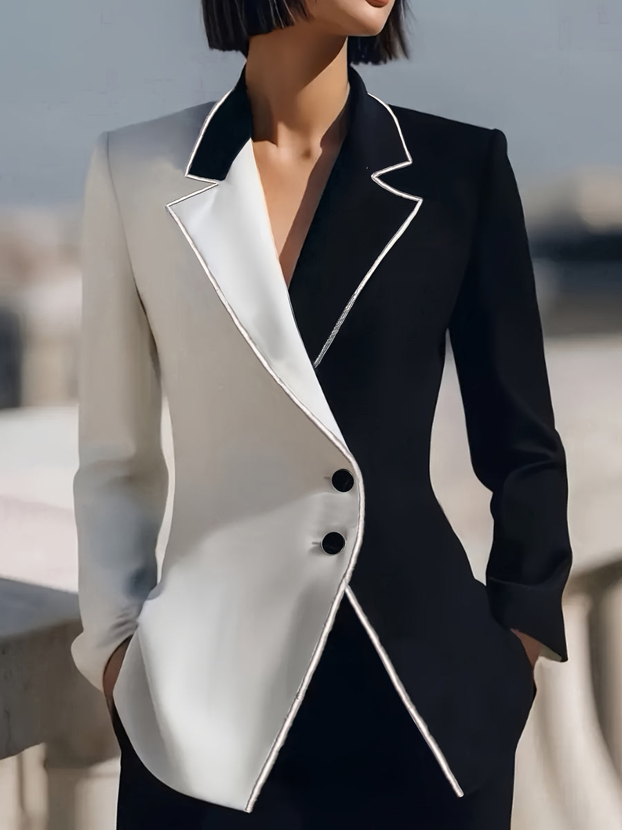 Women's Elegant Black and White Color-Block Blazer, Fashionable Casual Cardigan with Long Sleeves - Black And White Color Scheme