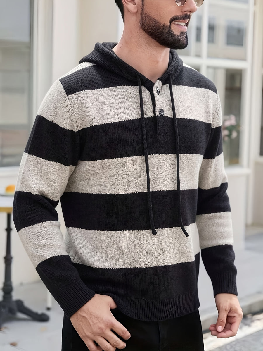 Men'S Hooded Sweater Autumn Winter New Fashion Casual Sweatshirt Knit Pullover Long Sleeve Warm Top Men, Regular Fit, Daily, Striped - Light Grey