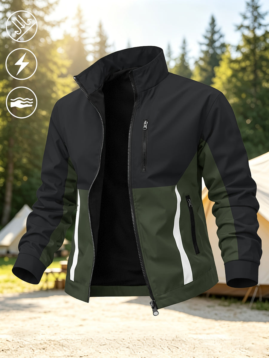 Men's New Trendy Versatile Outdoor Sports Mountain Climbing Comfortable Casual Fashionable Loose High Street Long Sleeve Color Block College Jacket - Olive Green
