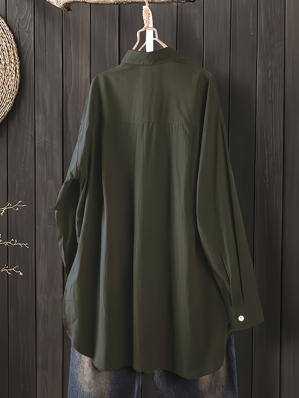 Ladies Loose Holiday Spring Autumn Long Sleeve Office Shirt - Olive Green