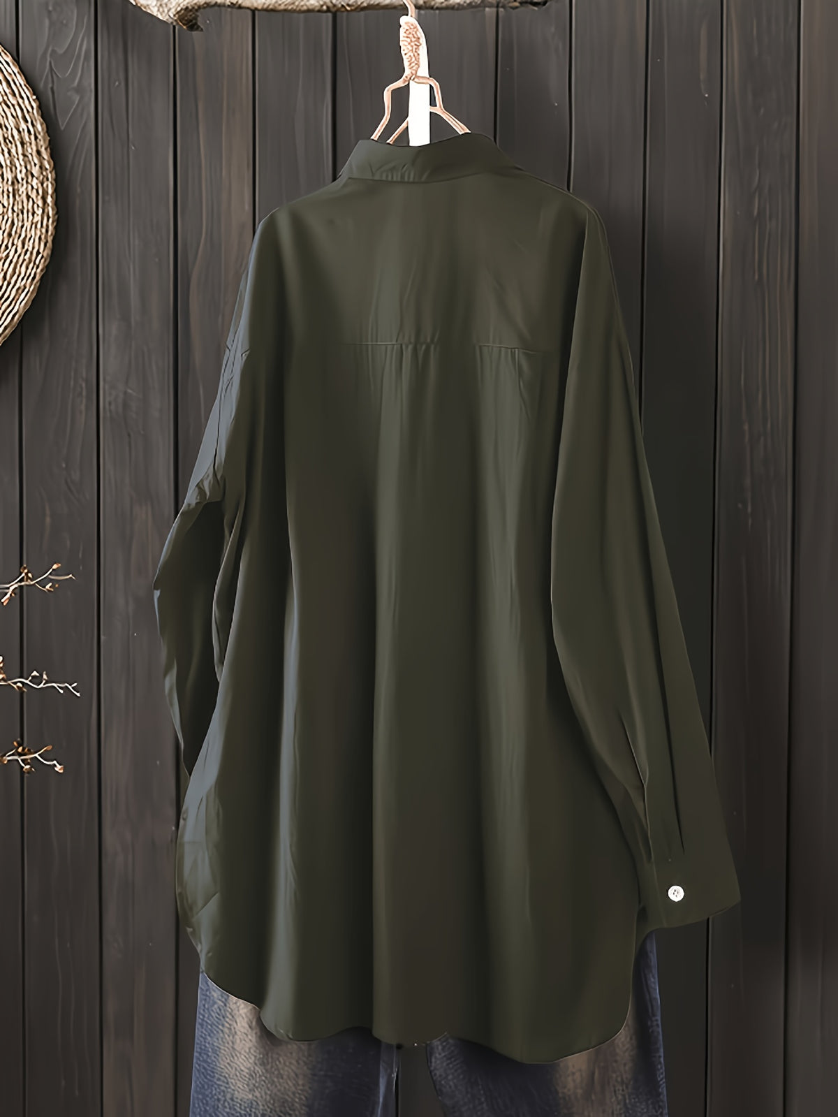 Ladies Loose Holiday Spring Autumn Long Sleeve Office Shirt - Olive Green