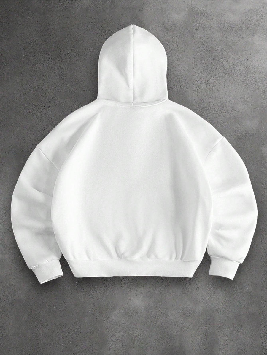 Men's Solid Color Drop Shoulder Zip-Up Sweatshirt, Double-Layer Hooded Sweatshirt Jacket, Long-Sleeve -Lined Jacket, Men's Zip-Up Cardigan for Spring/Autumn Casual Wear, Cropped Hooded Sweatshirt with Pockets and Drawstring, Suitable for Outings - White 1