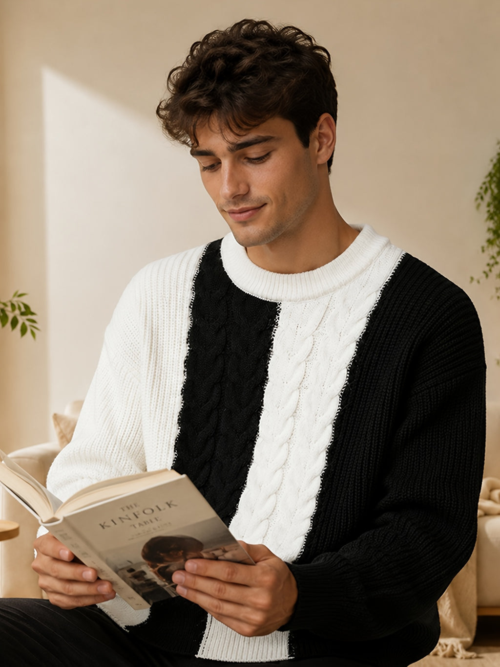 Men'S Vertical Stripe Color-Block Jacquard Round Neck Sweater, Loose Drop Shoulder Fit, Casual Relaxed Style, Flattering for All Body Types, Ideal for Daily Outings, Dates, And Commuting - SINBOS - Black
