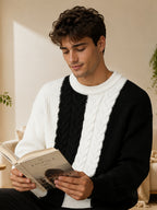 Men'S Vertical Stripe Color-Block Jacquard Round Neck Sweater, Loose Drop Shoulder Fit, Casual Relaxed Style, Flattering for All Body Types, Ideal for Daily Outings, Dates, And Commuting - SINBOS - Black