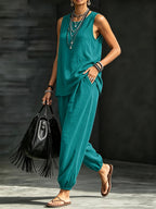 Women's Casual Vacation Solid Color 2pcs Set: Round Neck Top + Loose Fit Cuffed Pants - Peacock Blue