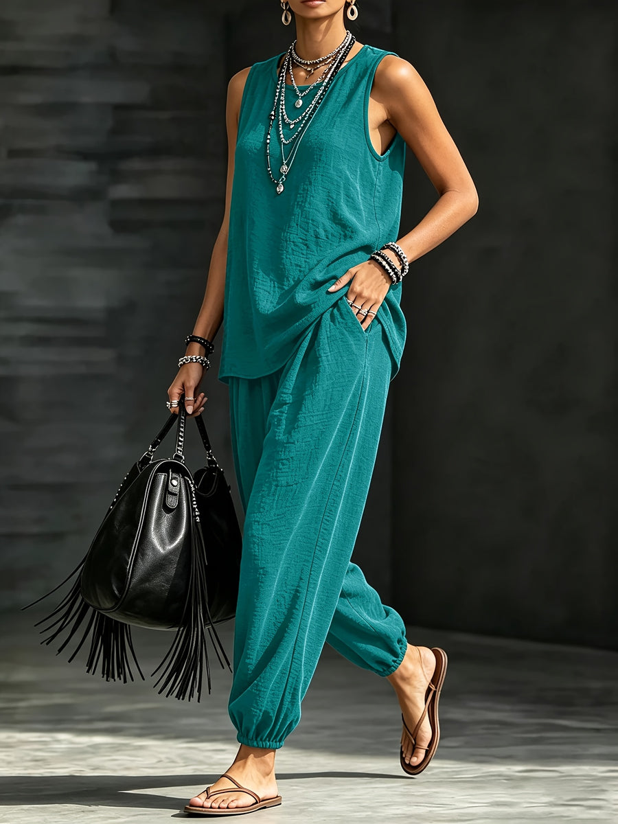 Women's Casual Vacation Solid Color 2pcs Set: Round Neck Top + Loose Fit Cuffed Pants - Peacock Blue