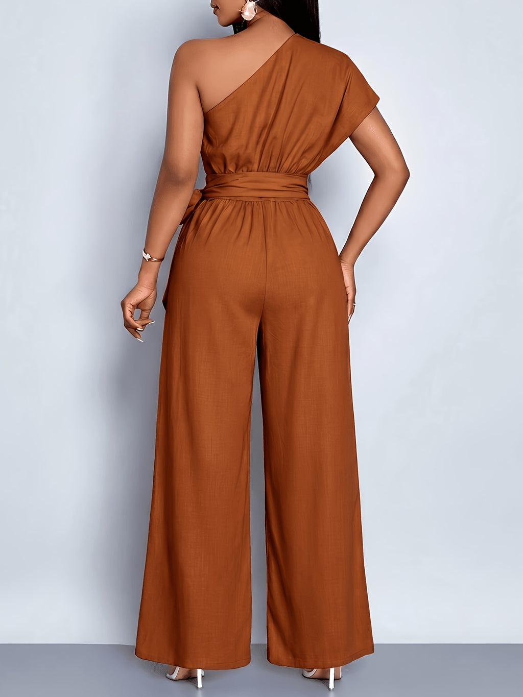 Women'S Summer Commute Fashionable Elegant Daytime Outing Casual Easy Solid Color Asymmetrical One-Shoulder Pleated Wide-Leg Jumpsuit, Suitable for Daily Wear, Dates, Parties, Vacation Outfits, All-Season Clothing, Women'S Office Attire - Cinnamon