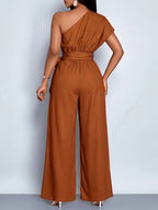 Women'S Summer Commute Fashionable Elegant Daytime Outing Casual Easy Solid Color Asymmetrical One-Shoulder Pleated Wide-Leg Jumpsuit, Suitable for Daily Wear, Dates, Parties, Vacation Outfits, All-Season Clothing, Women'S Office Attire - Cinnamon