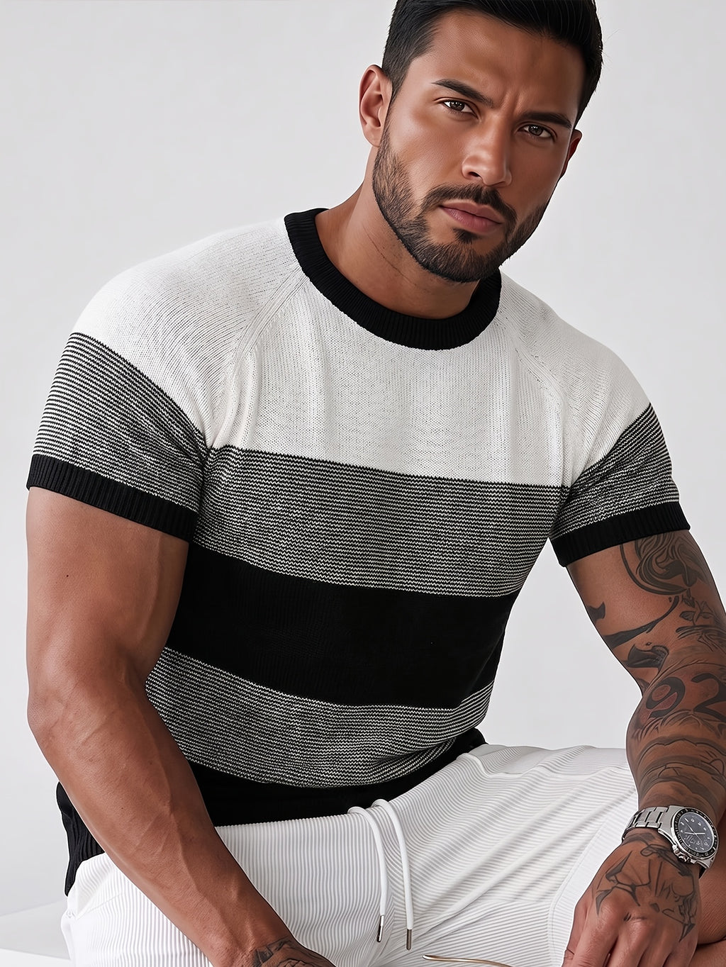 Summer Men'S Trendy Apparel Fashionable Individual Comfortable Versatile Knit Short Sleeve, Casual Classic Black And White Striped Contrast Round Neck Sweater, Office School Travel Vacation Street Wear - Black
