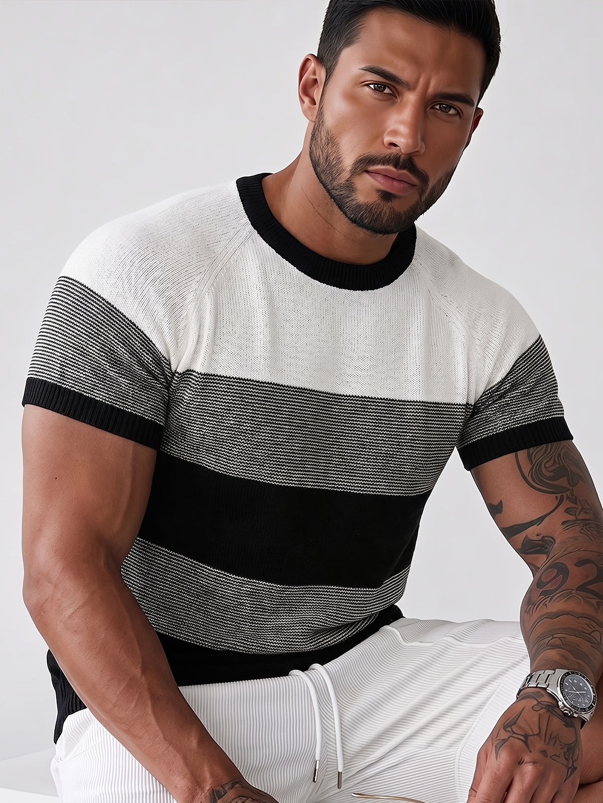 Summer Men'S Trendy Apparel Fashionable Individual Comfortable Versatile Knit Short Sleeve, Casual Classic Black And White Striped Contrast Round Neck Sweater, Office School Travel Vacation Street Wear - Black