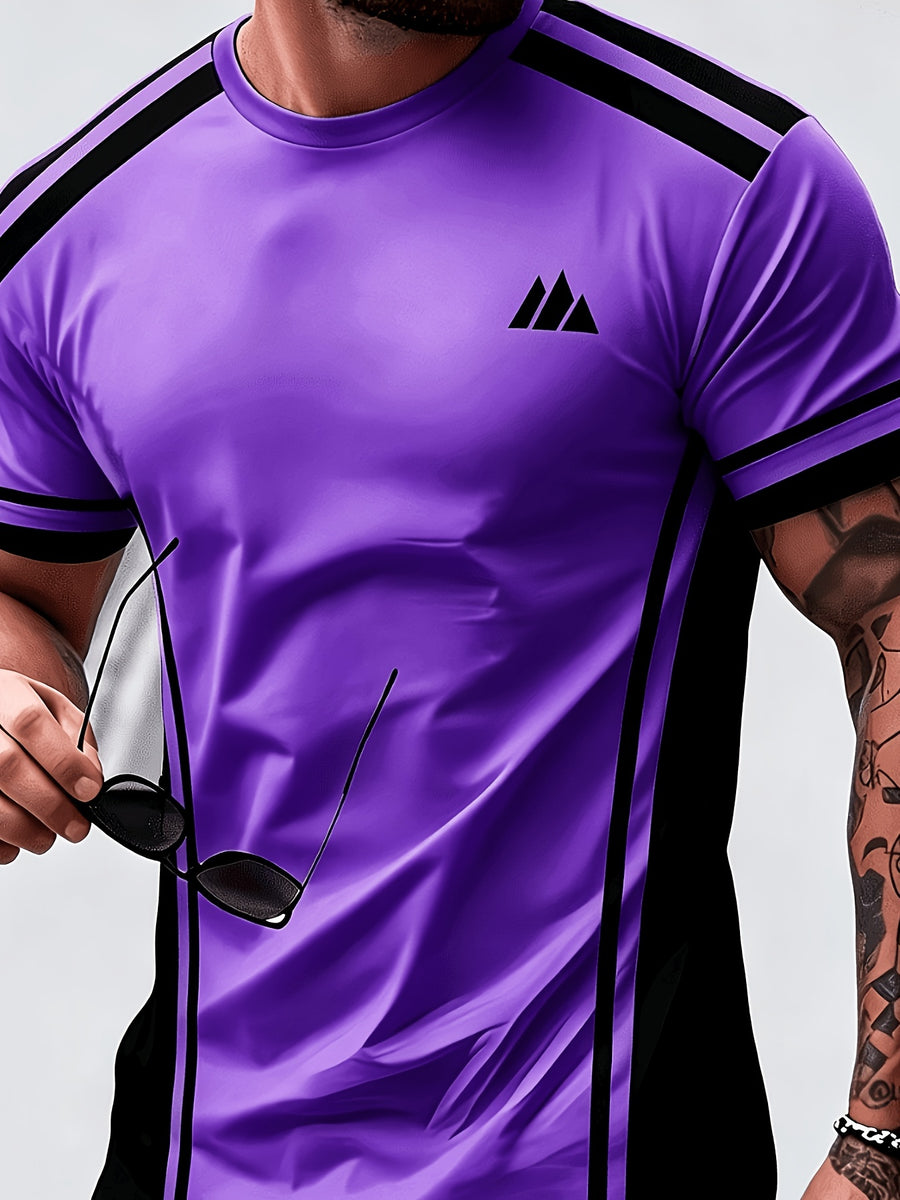 Men'S Trendy Casual Sports T-Shirt, Yellow Black Contrast Striped Mountain Peak Small Label Print Design, Fashionable Thin Breathable T-Shirt, Machine Washable Casual Short Sleeve Top - Mix color 5