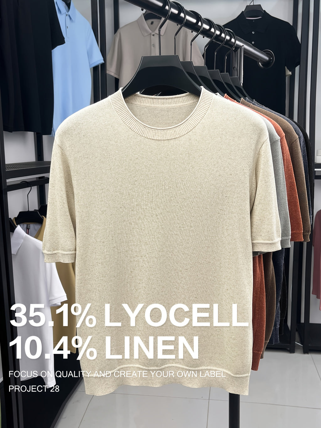 35.1% Lyocell And 10.4% Linen High-Quality Light Luxury Men'S Short Sleeve Round Neck Pullover Knit T-Shirt Fashion Casual Suitable for Outdoor Sports Golf Base Layer Floral Yarn Knit Fabric Collar Rolled Edge Craft Easy Commute Light Business Style - Raw Linen