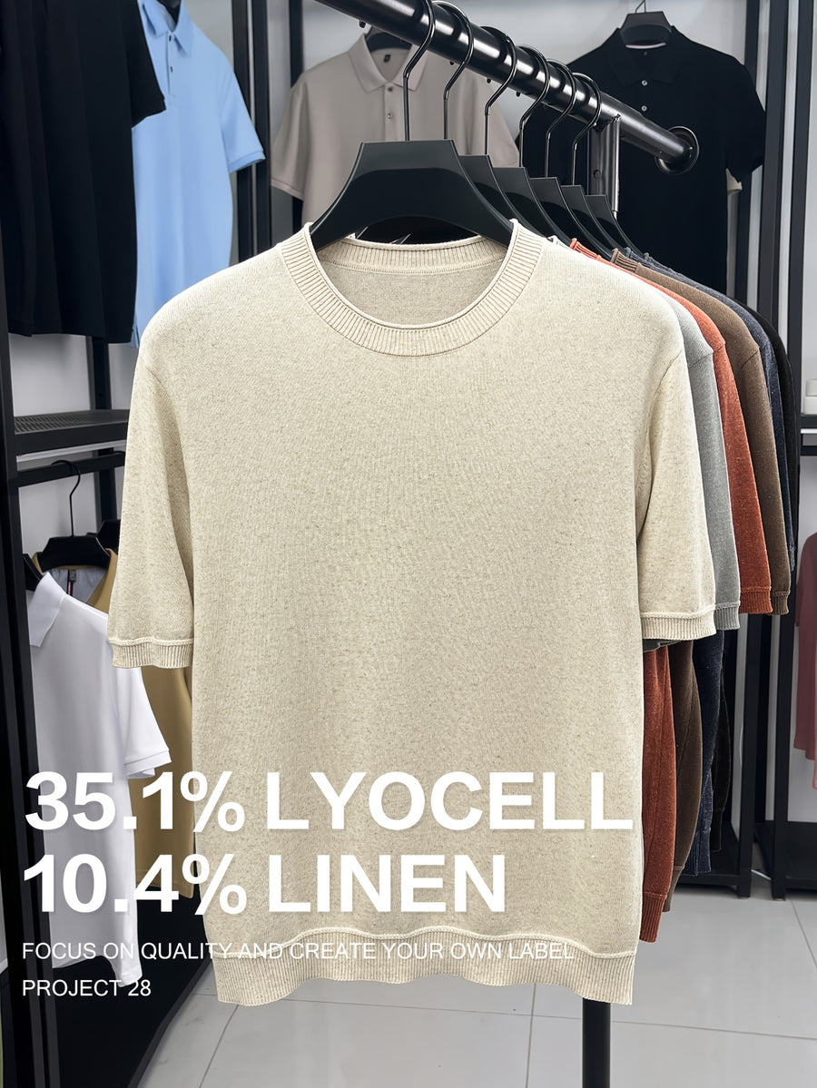 35.1% Lyocell And 10.4% Linen High-Quality Light Luxury Men'S Short Sleeve Round Neck Pullover Knit T-Shirt Fashion Casual Suitable for Outdoor Sports Golf Base Layer Floral Yarn Knit Fabric Collar Rolled Edge Craft Easy Commute Light Business Style - Raw Linen