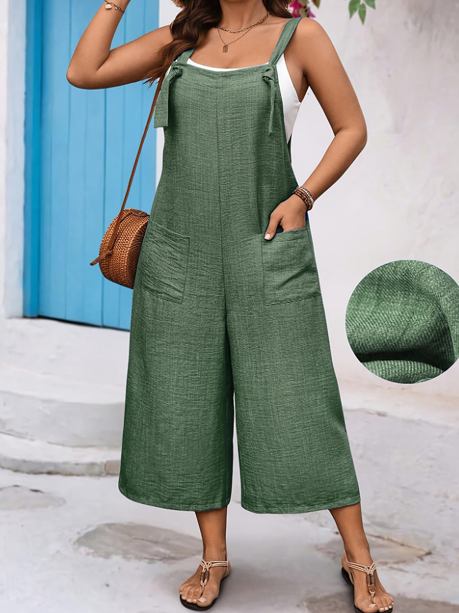 Summer Casual Vacation Women's Jumpsuit, Simple, Daily, Comfortable, and Stylish, with Front Pocket Decoration, Holiday Leisure Women's Jumpsuit - Olive Green